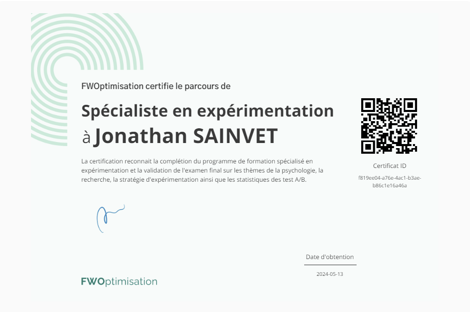 Formation cro et expérimentation certification de Jonathan Sainvet par Mathieu Fauveaux consultant CRO