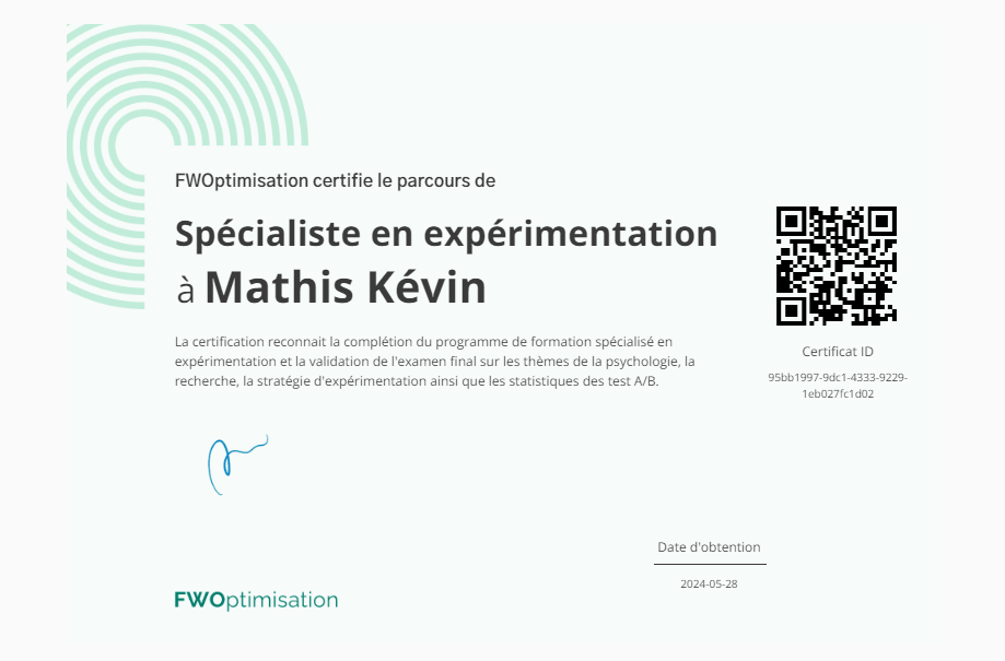 Certification formation cro experimentation FWOptimisation Kevin Mathis Kiabi